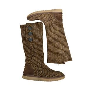 UGG Classic Cardy Knit Button Boots Brown Tall Suede Wool Blend Women’s Size 8